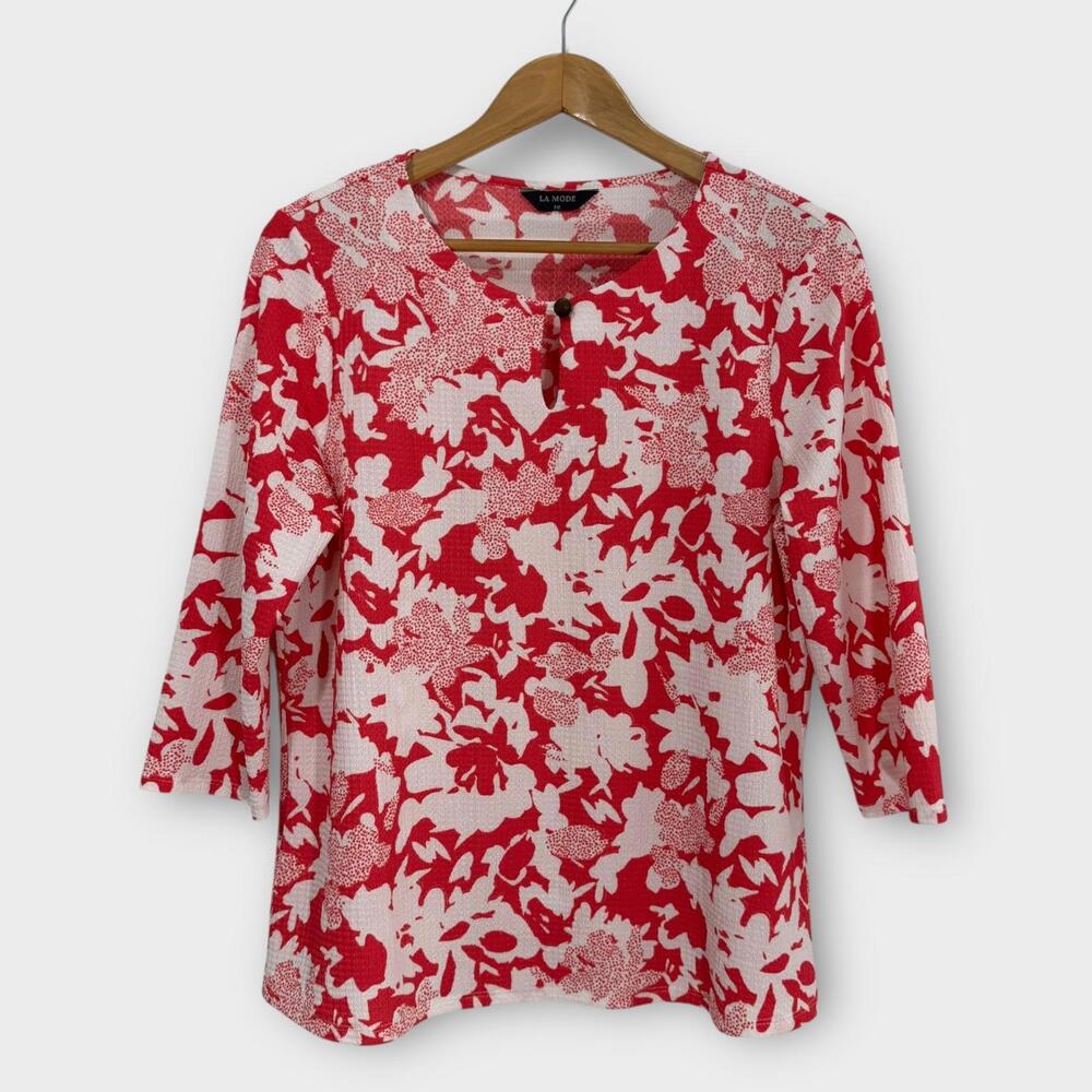 La Mode Floral Print Blouse Women’s Size XL Pink White Stretch Keyhole Pullover
